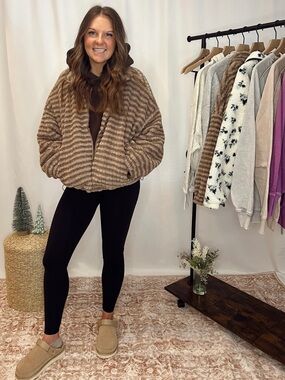 Cozy Tan Faux-Fur Stripe Jacket - Women